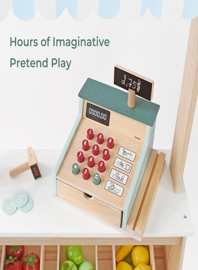 PairPear Wooden Toy Cash Register,Kids Pretend Play Money Counting Toys with Scanner and Credit Card,Toddler Cashier Toy Grocery Play Food Accessory for Pre-School Gift Boys Girls 3+ - Image 2